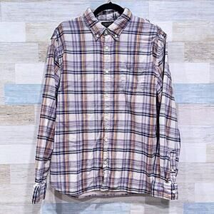 JACHS Plaid Double Cloth Button Down Shirt Orange Blue Cream Cotton Mens Large